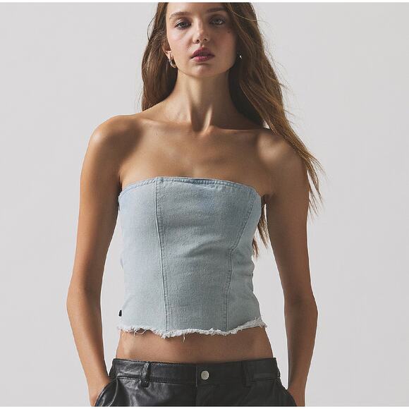 Superdown Domonique Denim Top‎ Blue Strapless Frayed Hem Back Zip Sz XS - Picture 1 of 8